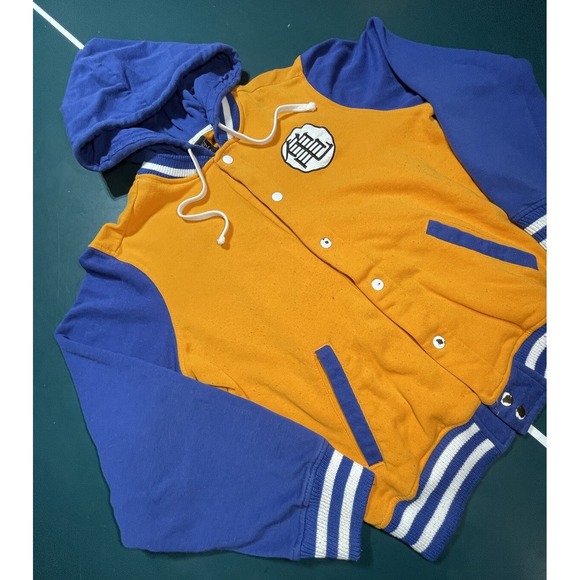 Dragonball Z Bomber Jacket Mens Medium Vintage Orange Blue Hood Snaps E1 Read - Picture 3 of 9